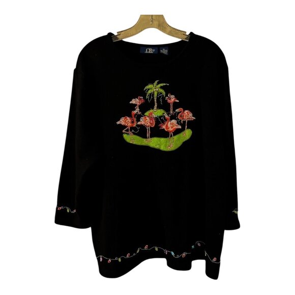 CB Plus C.B. Casual Women’s 1X Flamingo Island Holiday Embroidered Black Top - Picture 1 of 8